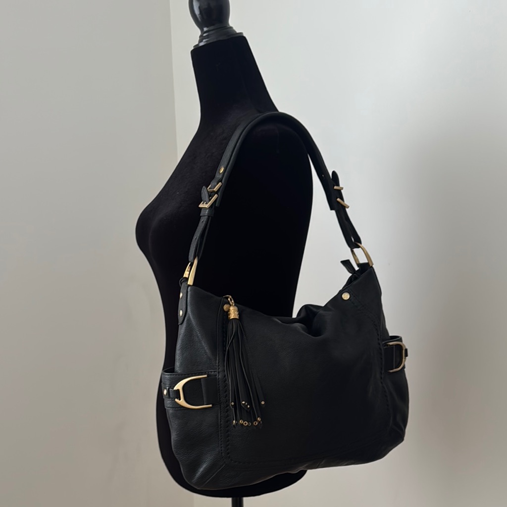 Cole Haan Black Leather Shoulder Bag, Gold Accents